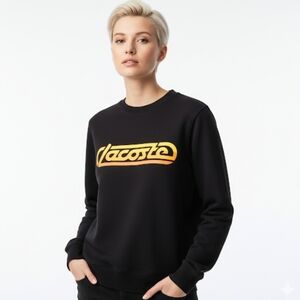 LACOSTE Live‎ Unisex Black Cotton Crewneck Pullover Sweatshirt Yellow Graphic XL